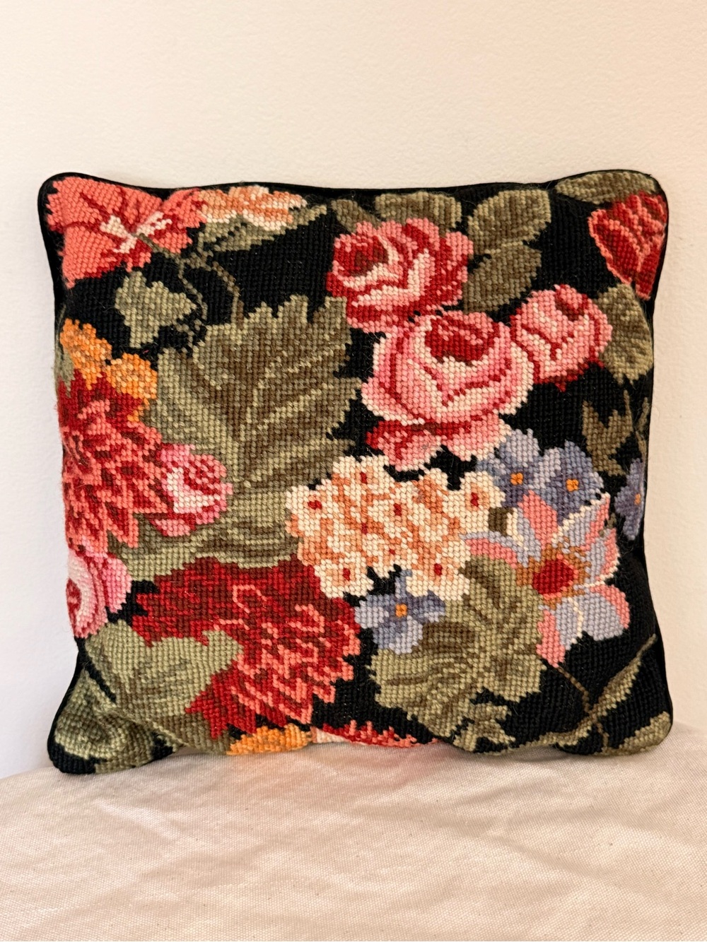 Floral Needlepoint throw pillow in Pink, Red, Blue, and Green cottage core